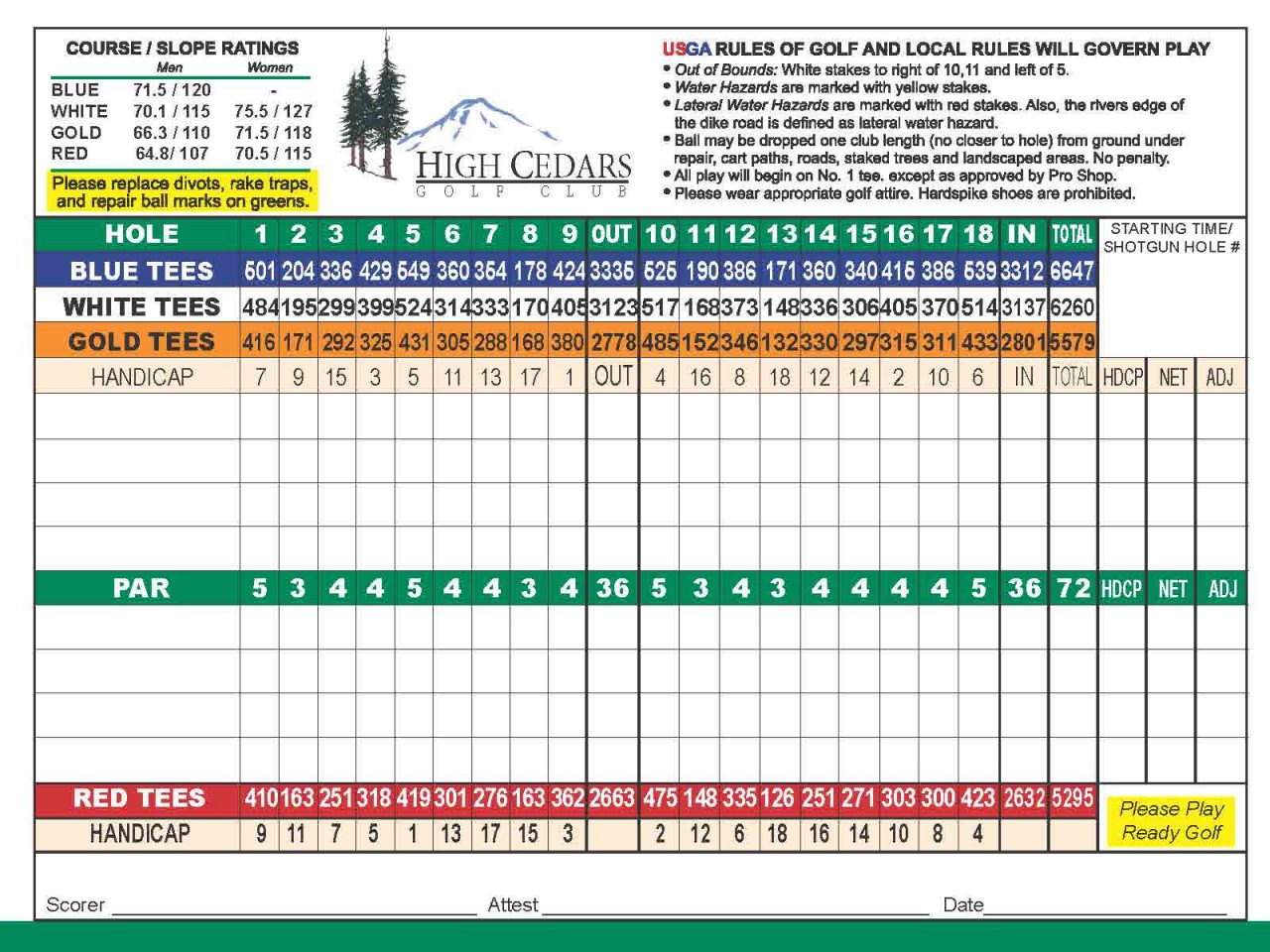 Scorecard High Cedars Golf Club